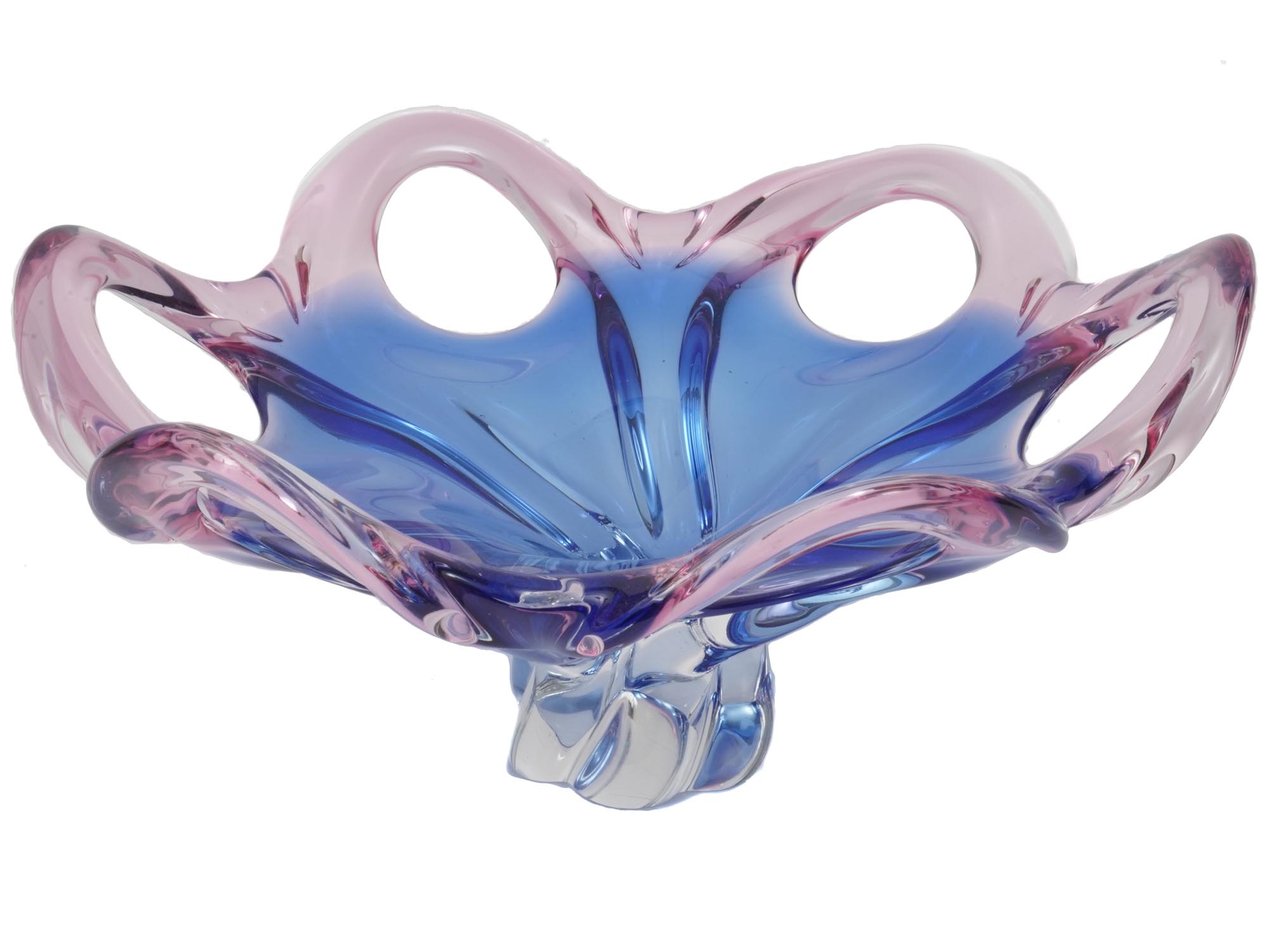 CZECH REPUBLIC BLUE AND PINK FRUIT ART GLASS VASE PIC-0